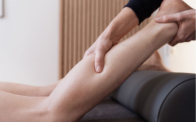 Nahaufnahme: Therapeut behandelt den Unterschenkel einer liegenden Person mit gezielten Griffen zur Lockerung des Gewebes (Faszien-Therapie/ klassische Massage).