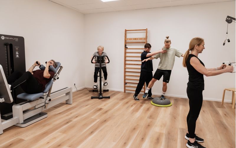 Trainingsraum in der Physiotherapiepraxis: mehrere Personen trainieren gleichzeitig an Geräten; Therapeut unterstützt Balance-Übung auf Wackelkissen, im Hintergrund Sprossenwand und Ergometer.